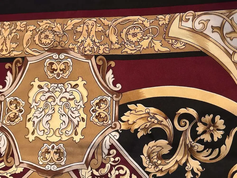 Vintage Baroque Print Square Silky Scarf Black Burgundy Gold, 35”